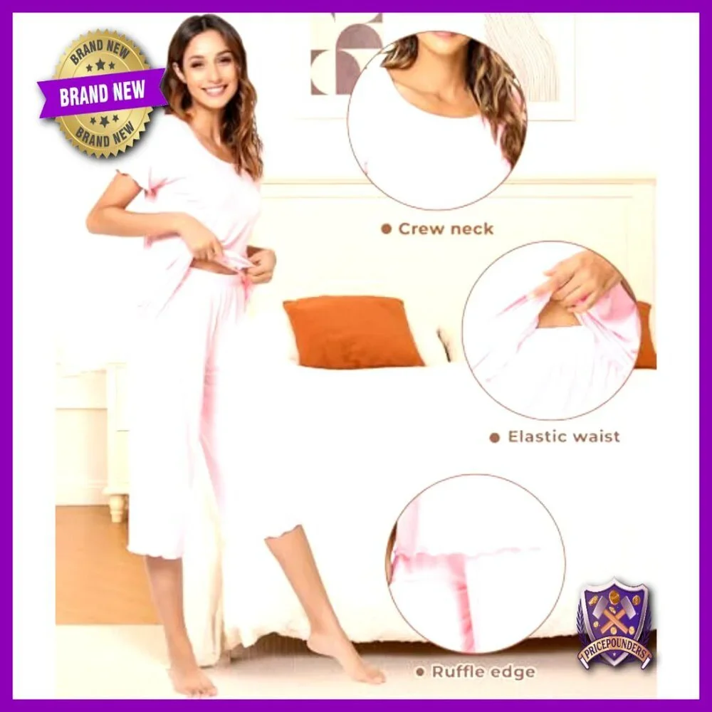 Large Bamboo Viscose Pajama Set Short Sleeve Capri Pants Sleepwear